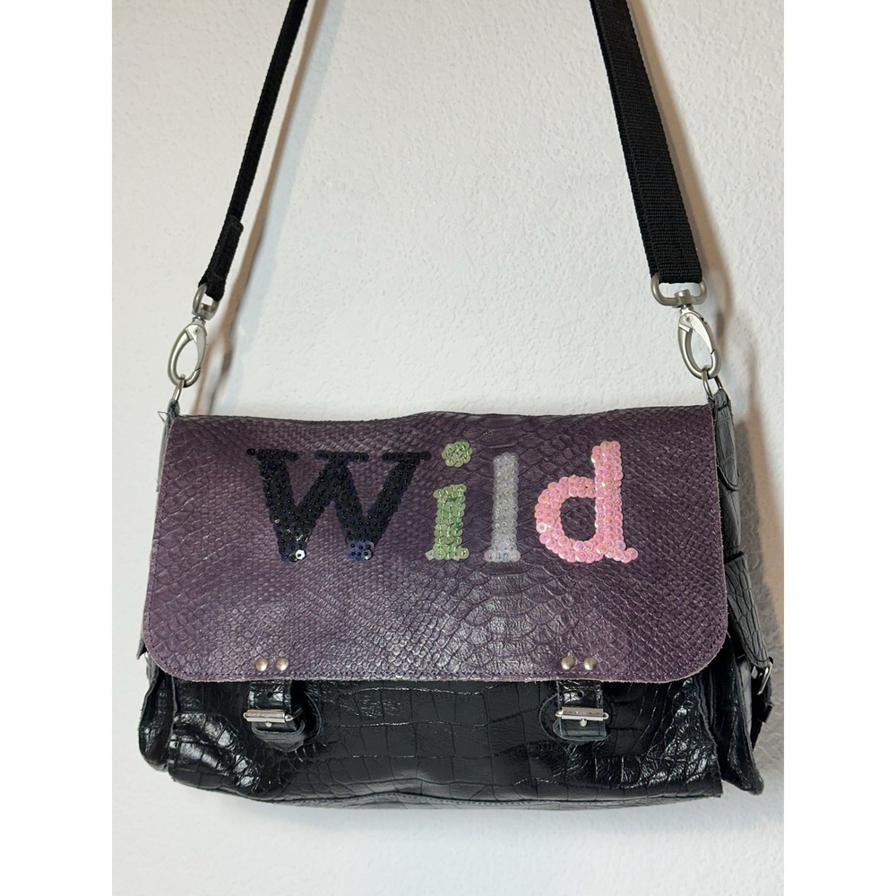 Barbara Rihl Messenger Bag Black& Purple Stamped Leather "WILD"Made in‎ France
